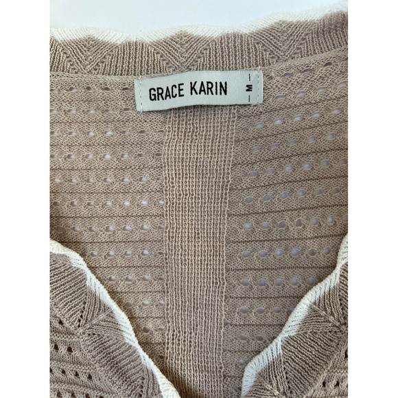 Open Knit Relaxed VNeck Button Long Sleeve Cardigan Grace Karin Tan Beige Medium - Picture 8 of 9